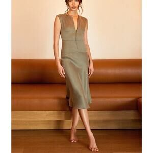 Aday Dress Sage Green Save the Date Midi Zip Front Cupro Classic Minimalist S